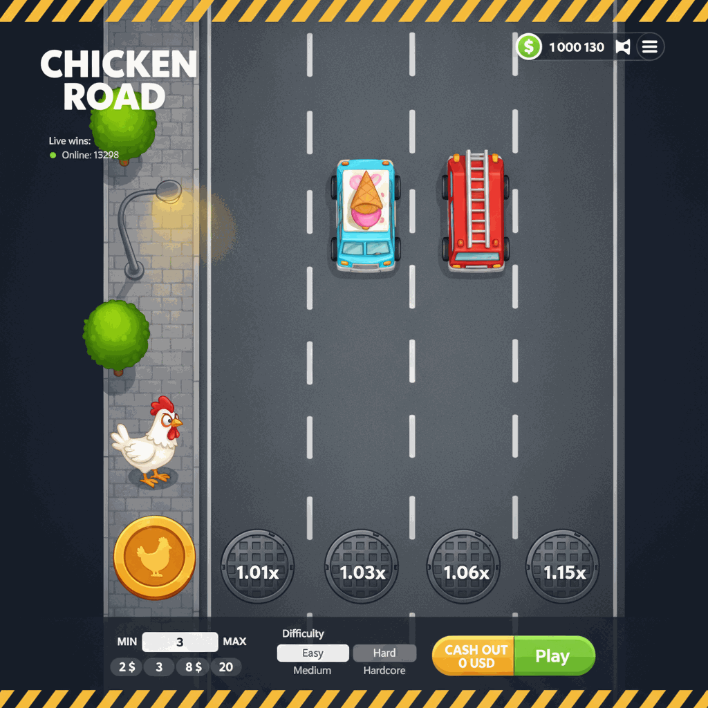 Schermata di gioco Chicken Road che mostra un pollo cartoon bianco che attraversa una strada a corsie multiple con moltiplicatori crescenti, automobili in arrivo e un'interfaccia di scommessa in tempo reale